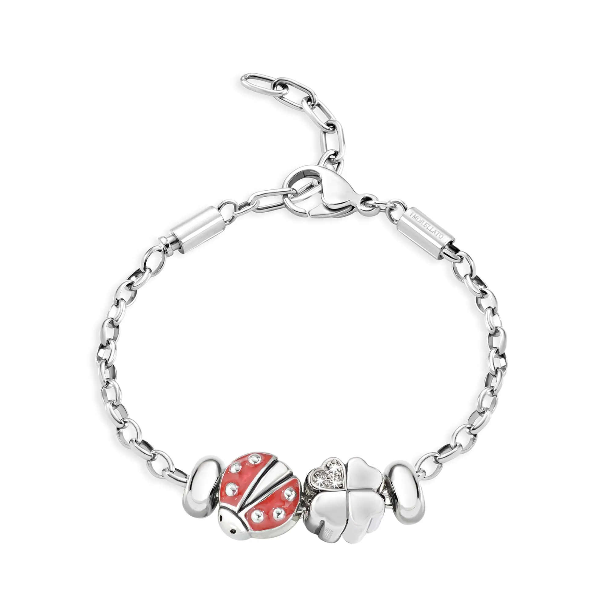 Morellato SCZ676 Bracciale da Donna, Collezione Drops, Coccinella e Quadrifoglio Portafortuna, in Acciaio Inossidabile, Lunghezza 17+3 cm, Idea Regalo Amica
