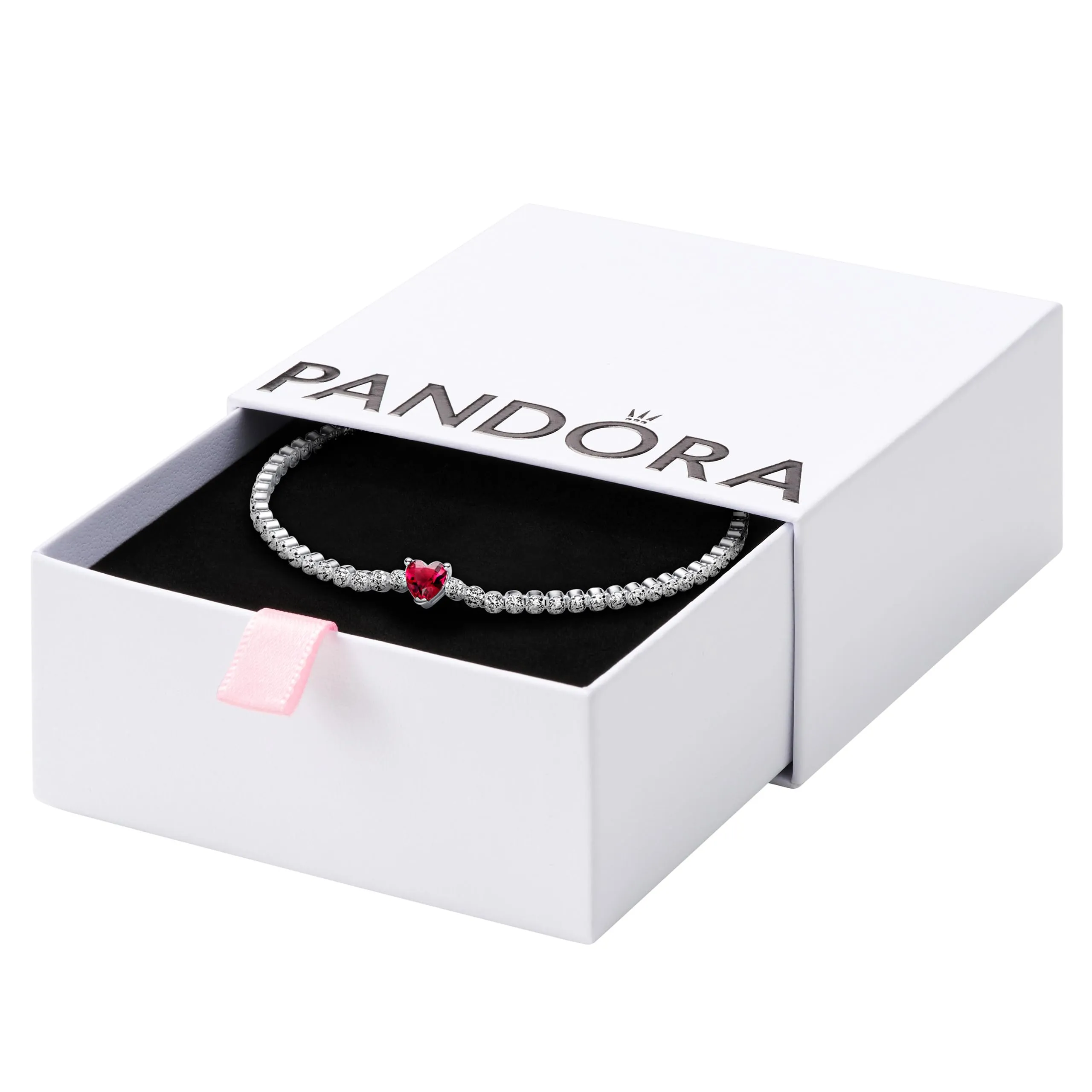 PANDORA Timeless Bracciale tennis con cuore in argento Sterling con cristallo rosso e zirconia cubica trasparente, 18