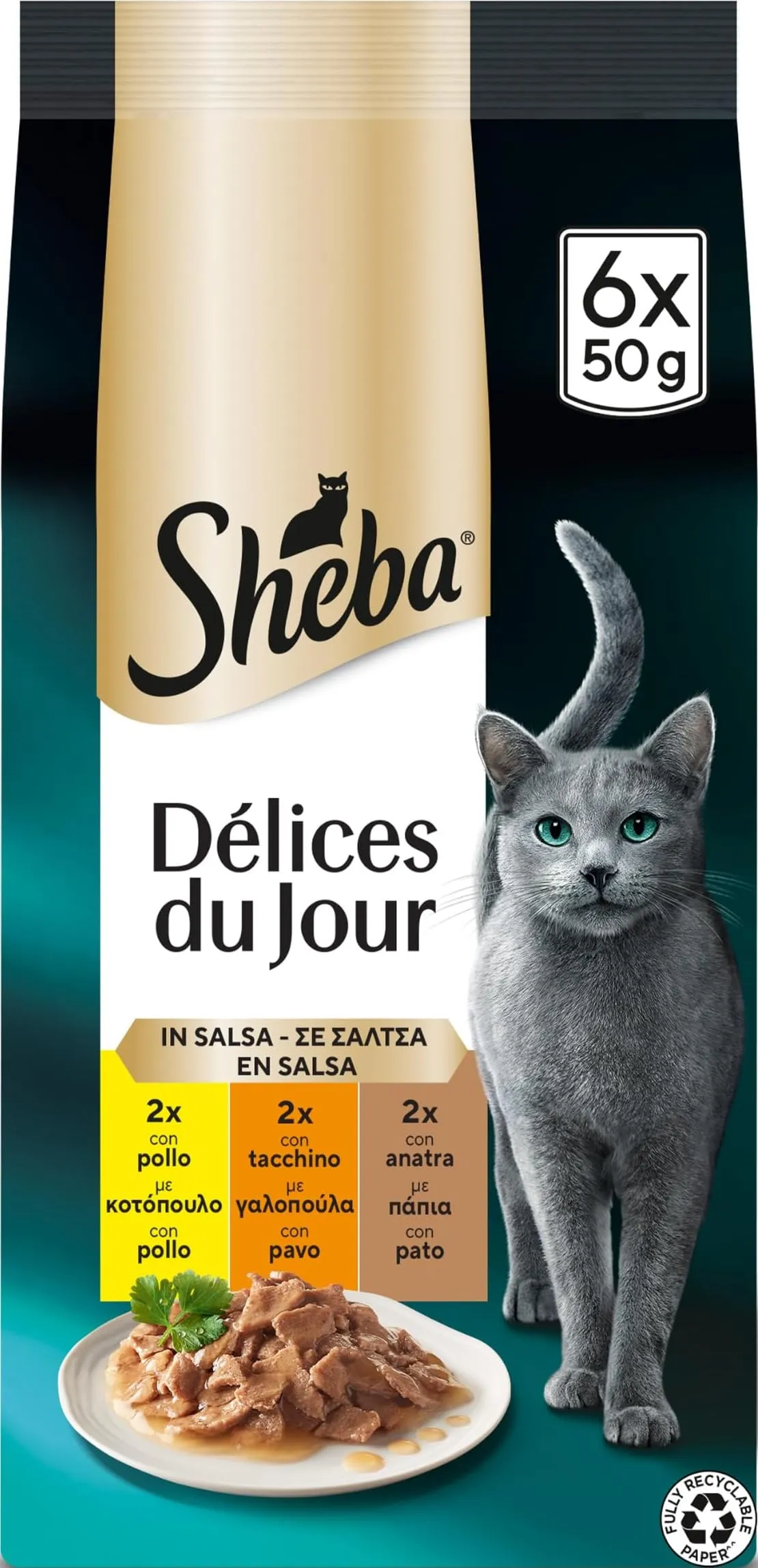 Sheba Delices du Jour Cibo Umido per Gatti in Salsa con Pollo, Tacchino e Anatra, 12 x 6 Vaschette da 50 g, Totale 3.600g