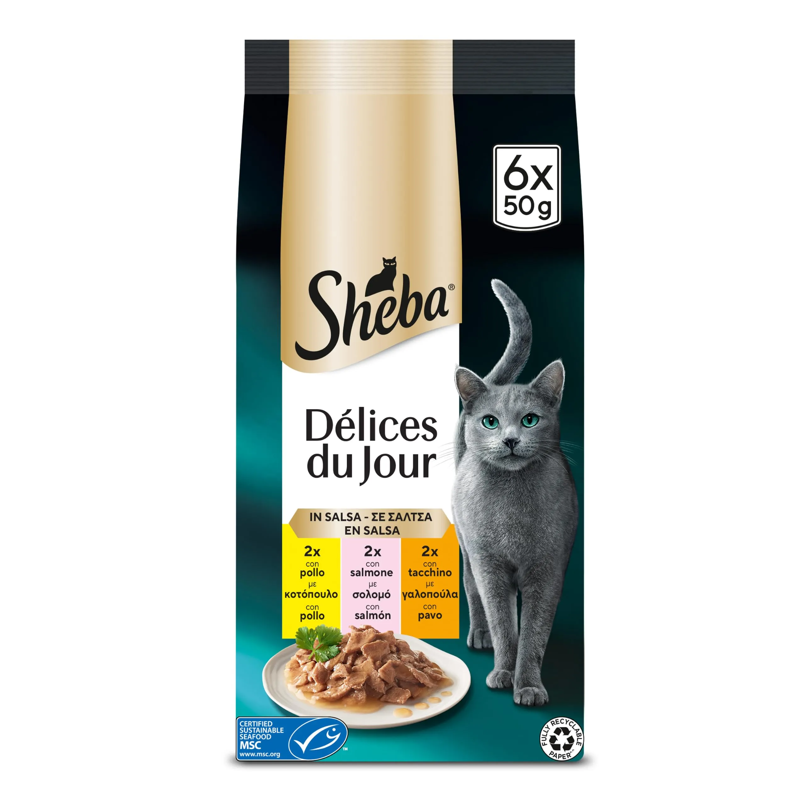 Sheba cibo umido per gatti con pollo, salmone, tacchino in salsa 6x50g