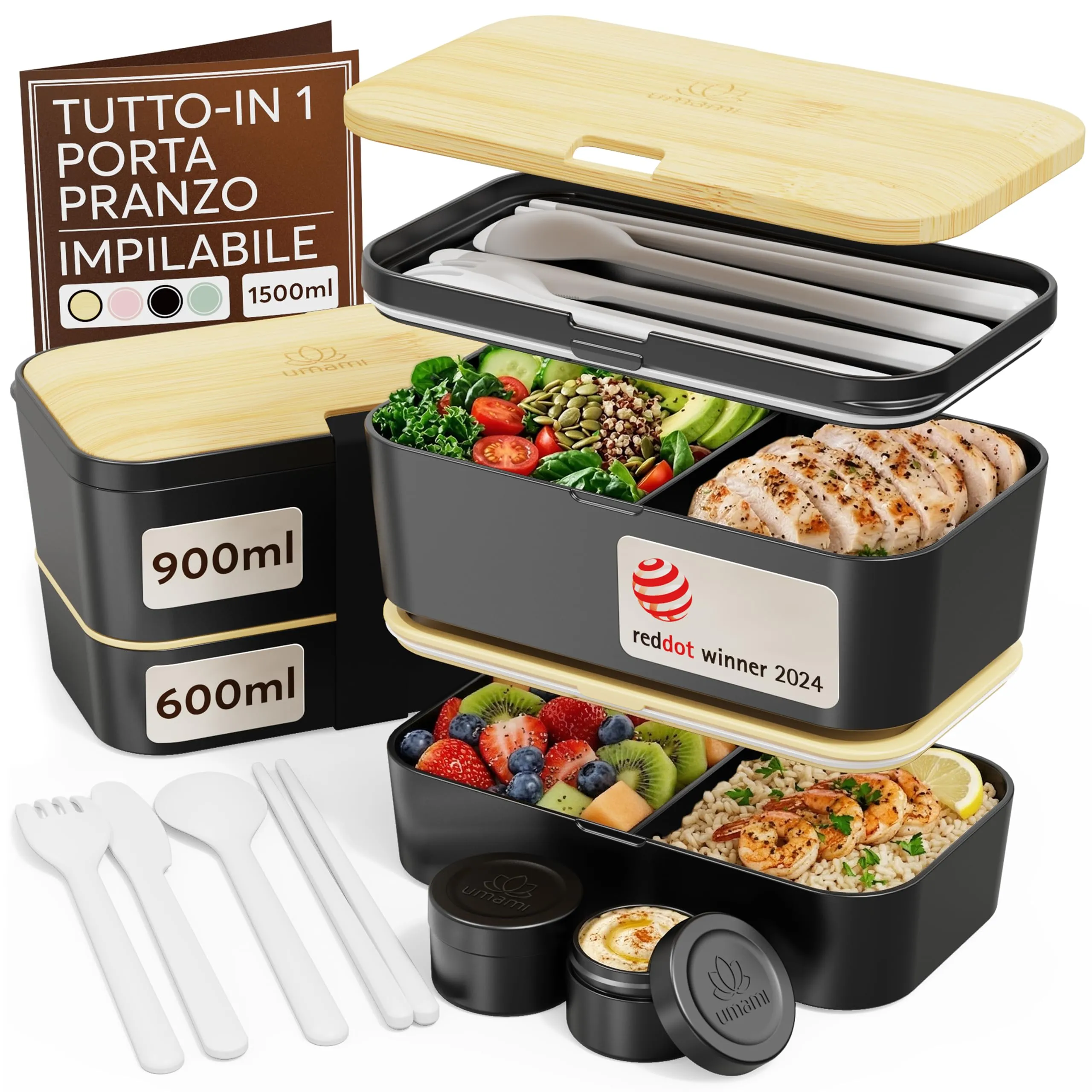 Umami Porta Pranzo Adulti Ermetico, Bento Box con Scomparti e 4 Posate