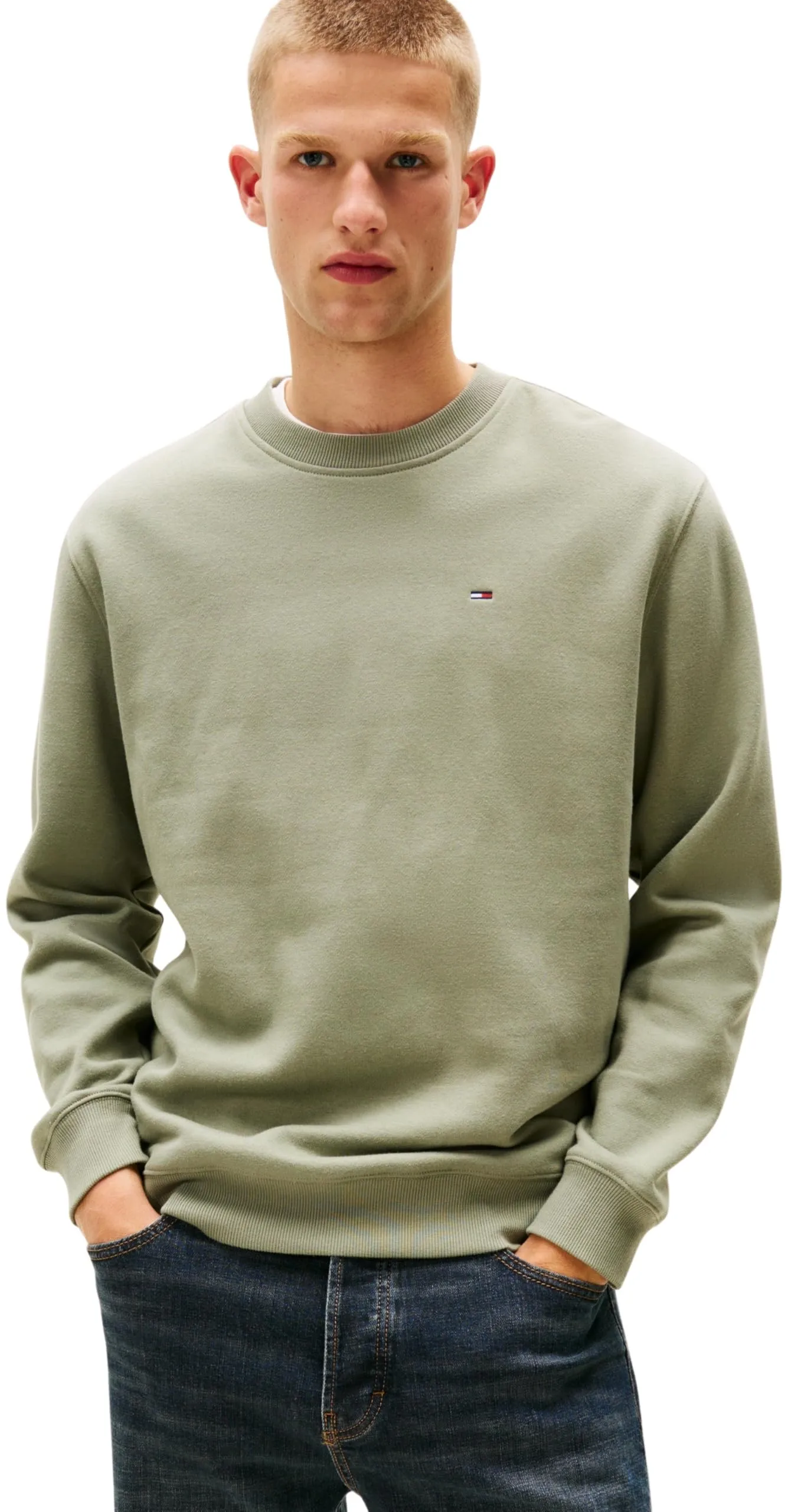 Tommy Jeans Tjm Reg S Flag Crew Dm0Dm20741, Felpa Pullover, Uomo, Verde (Utility Sage), XS