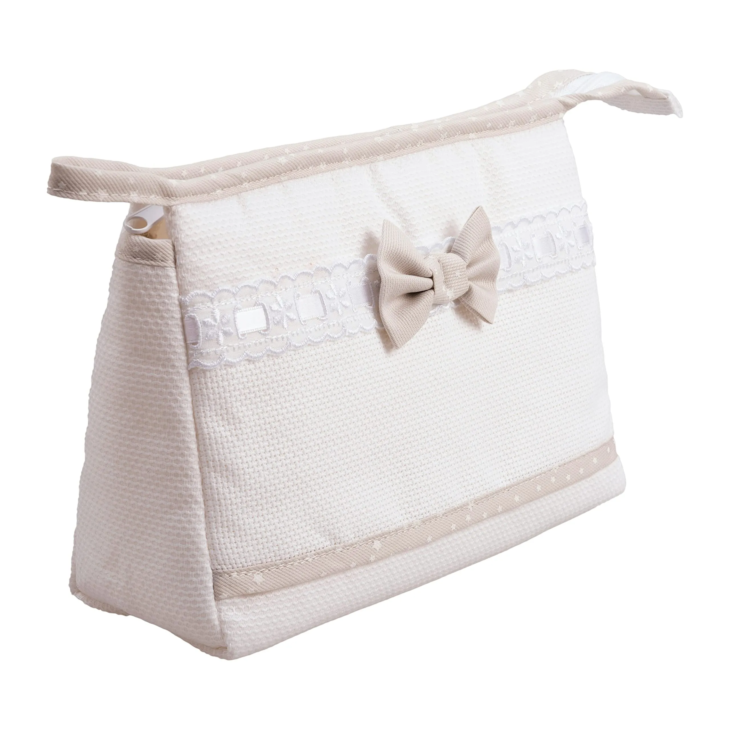 Filet - Trousse da viaggio in cotone con interno impermeabile | Chiusura con cerniera | Tela aida ricamabile all'esterno | Dim 24x16x6cm | Beige e bianco