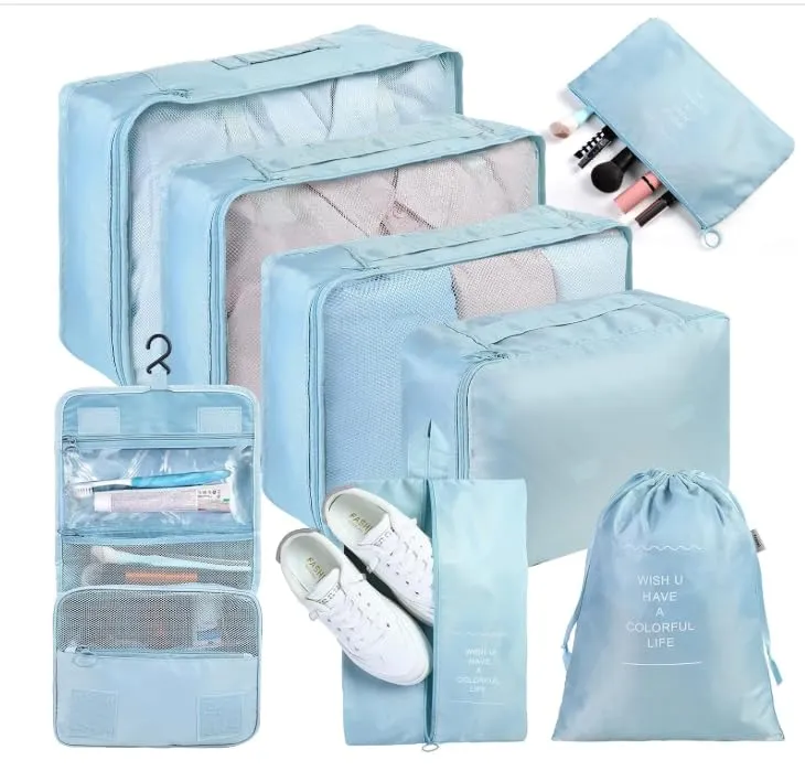 AiQInu Organizer Valigia Set, 8 Pezzi Organizer Da Viaggio, Impermeabile Packing Cube Set Viaggio Organizer Per I Vestiti,Scarpe,Intimo