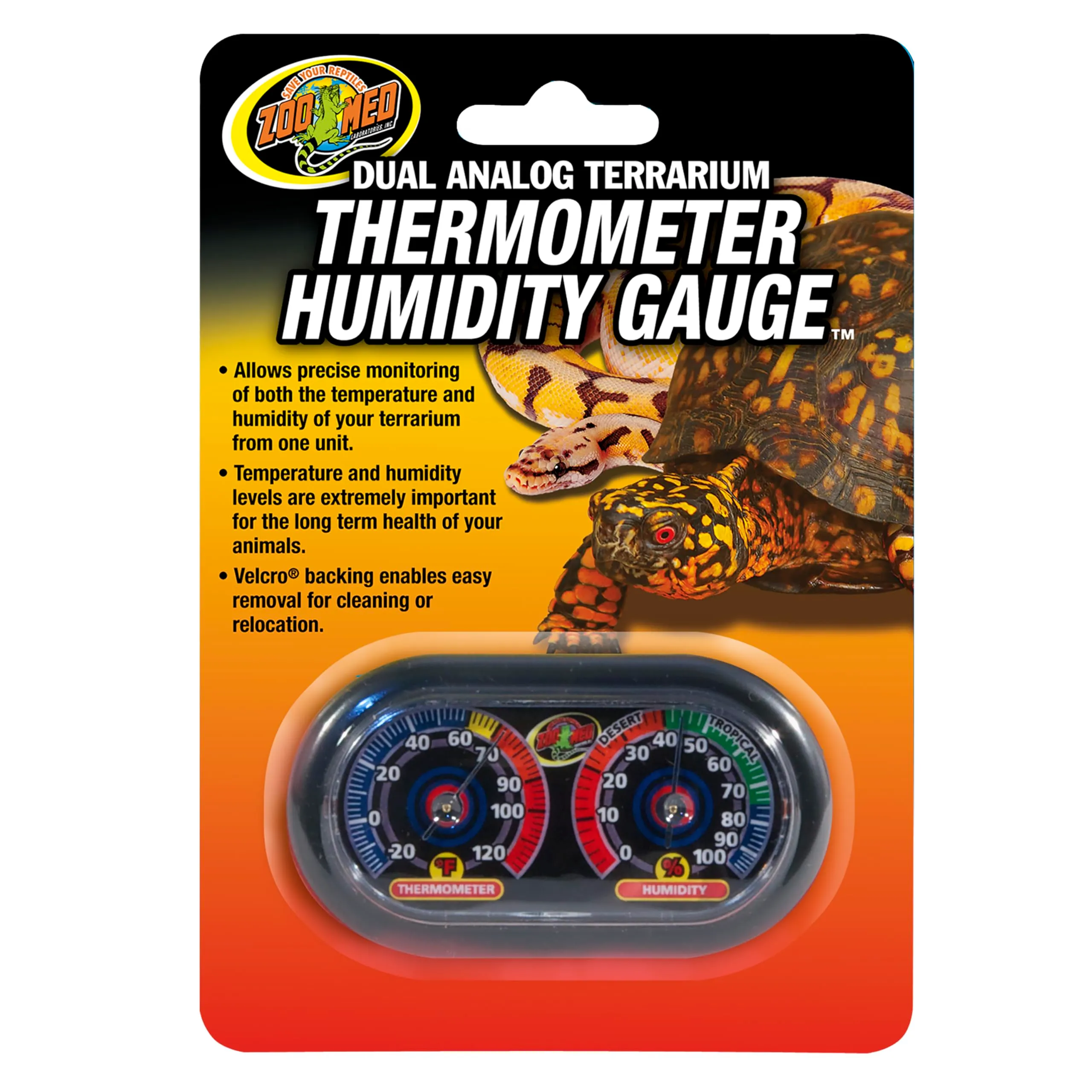 Zoo Med Dual Combo - Termometro e Igrometro analogico per terrari, paludari e rettilari, senza batterie, misura temperatura e umidità in tempo reale, con velcro