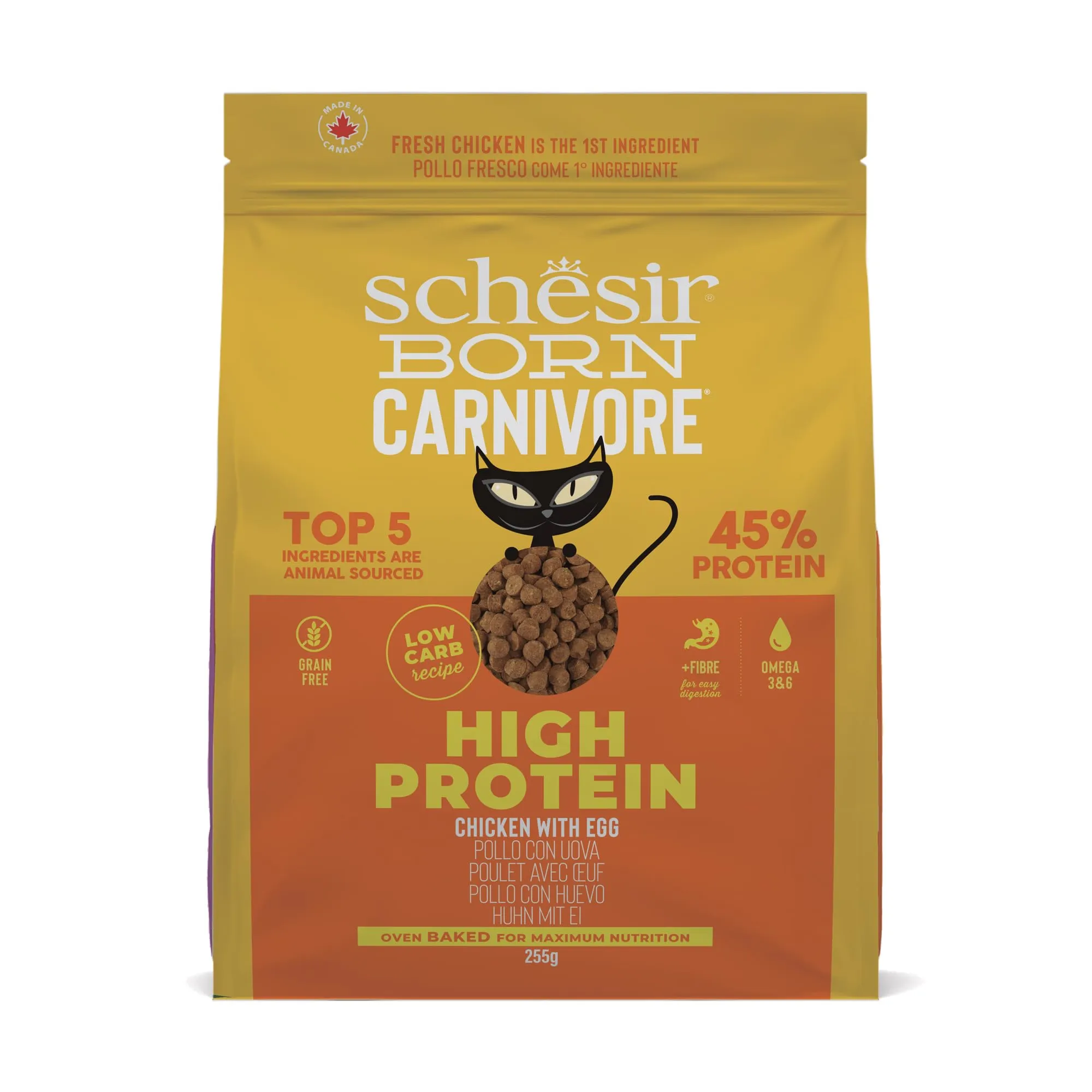 Schesir Born Carnivore, al gusto Pollo e Uovo, Crocchette per Gatti adulti Cotte al forno (Sacco da 255g)