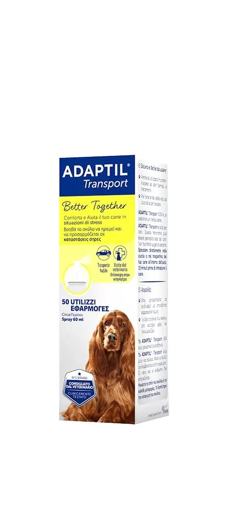 ADAPTIL Transport Calmante per Cani Spray 60 ml, Tranquillante e Antistress Naturale per Cani Iperattivi, Ansiosi, Rilassamento per Cani Viaggi e Spostamenti Stressanti, Feromoni