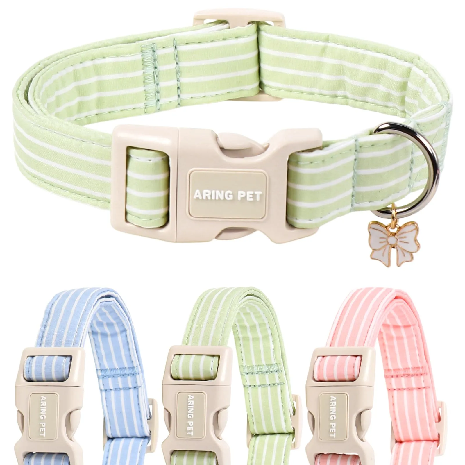 Aring Pet Stripe Collare per Cane Carino Primavera/Estate a Righe Verdi con Charm Arco per Cuccioli, Cani di Piccola, Media e Grande Taglia – Ragazzi e Ragazze – L