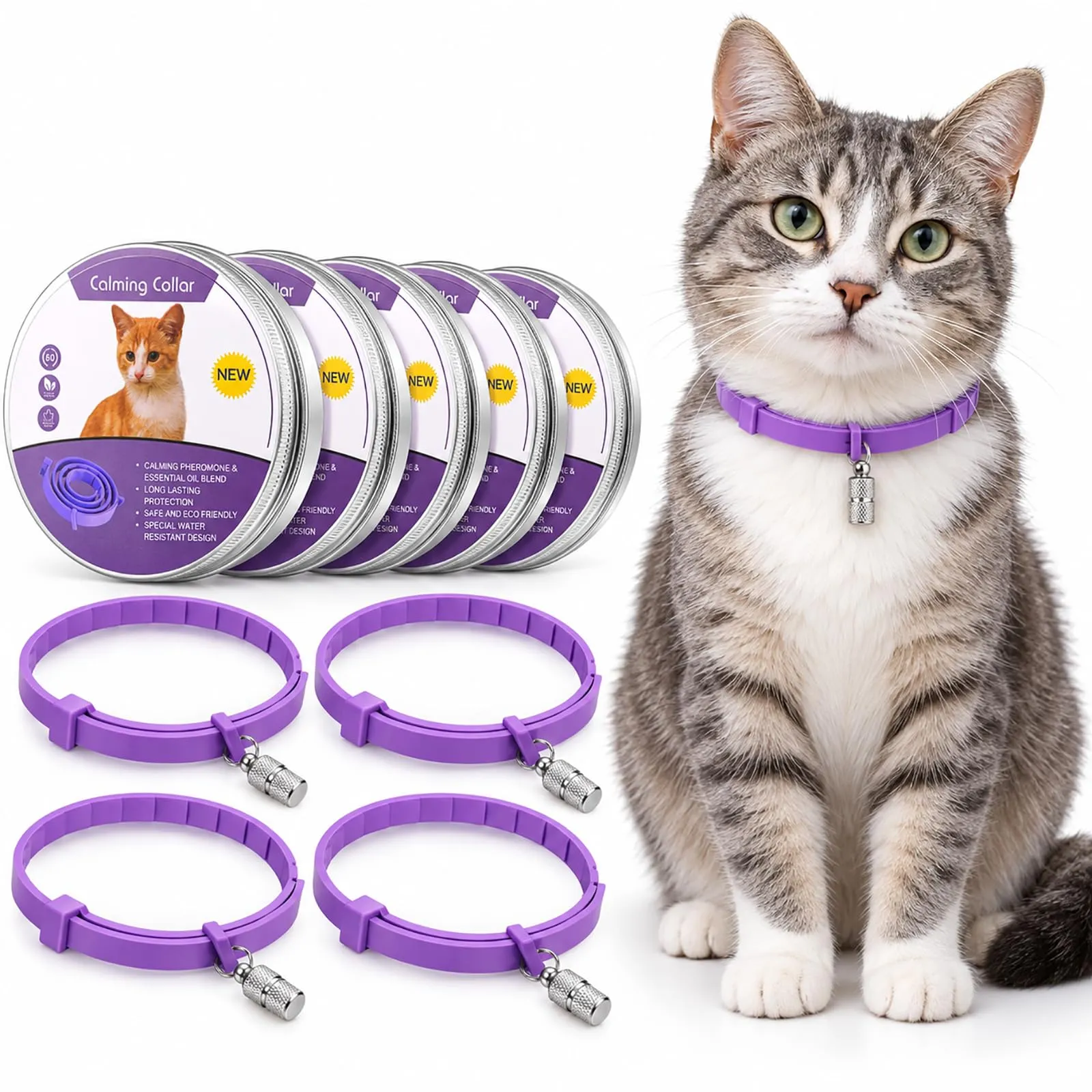 Weewooday Set di 5 collari calmanti per gatti, regolabili, impermeabili, calmanti per gatti, riducono l'ansia e lo stress, con 5 ciondoli identificativi per animali domestici (viola)