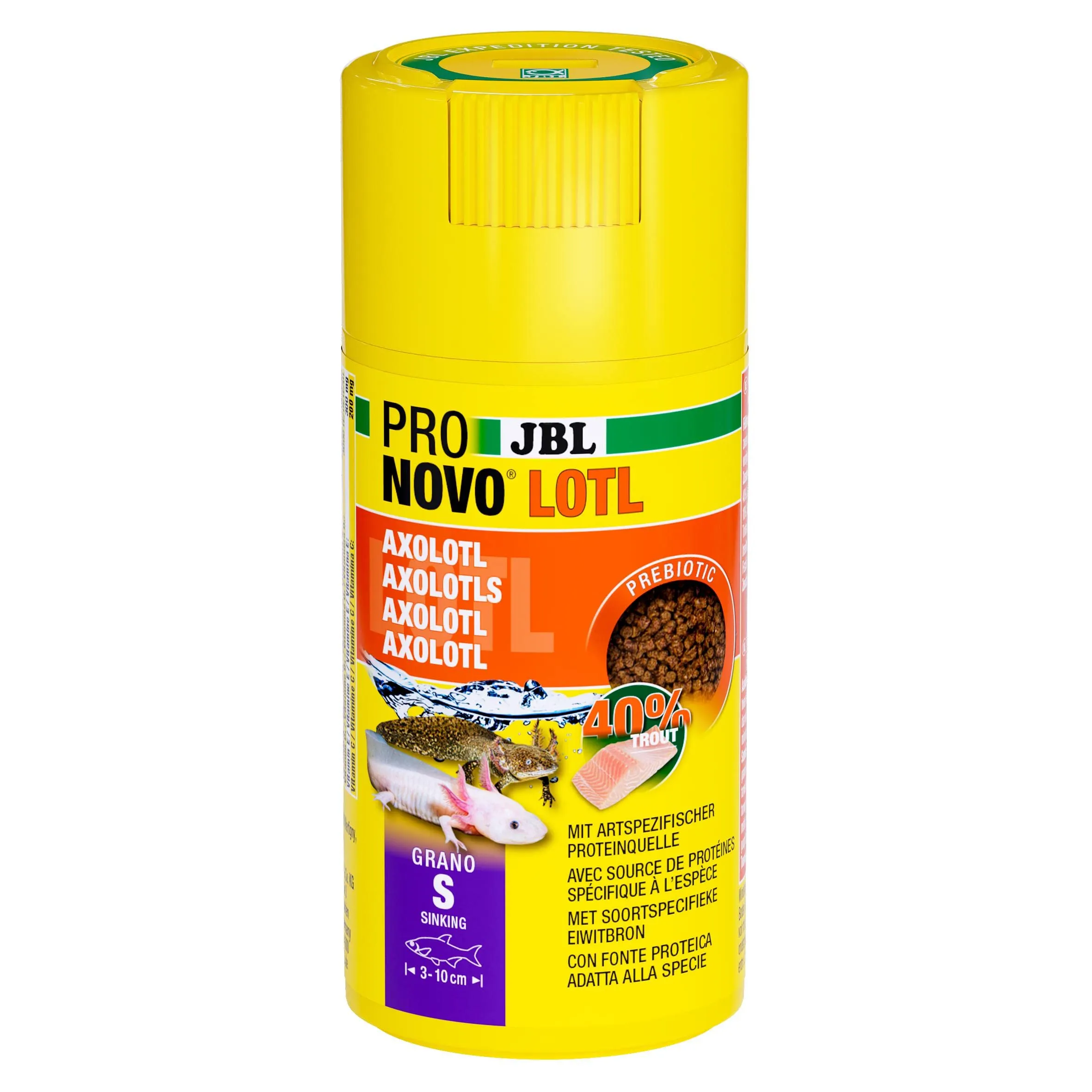 JBL PRONOVO LOTL GRANO, mangime principale per Axolotl da 3 a 10 cm, dosatore a clic, granulato per mangime per pesci, taglia S, 100 ml