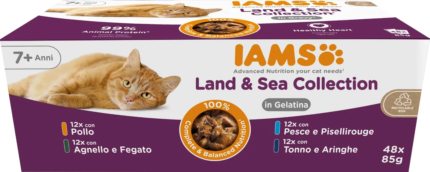 IAMS Senior Land & Sea - Cibo umido per gatti in gelatina, 48 x 85 g