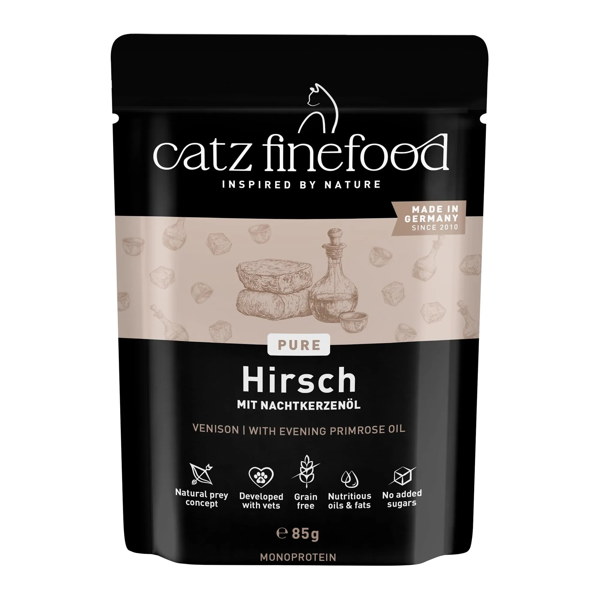 catz finefood Purrrrr Hirsch Monoprotein cibo umido per gatti N° 121, per gatti sensibili alla nutrizione, 70% carne, 16 sacchetti da 85 g